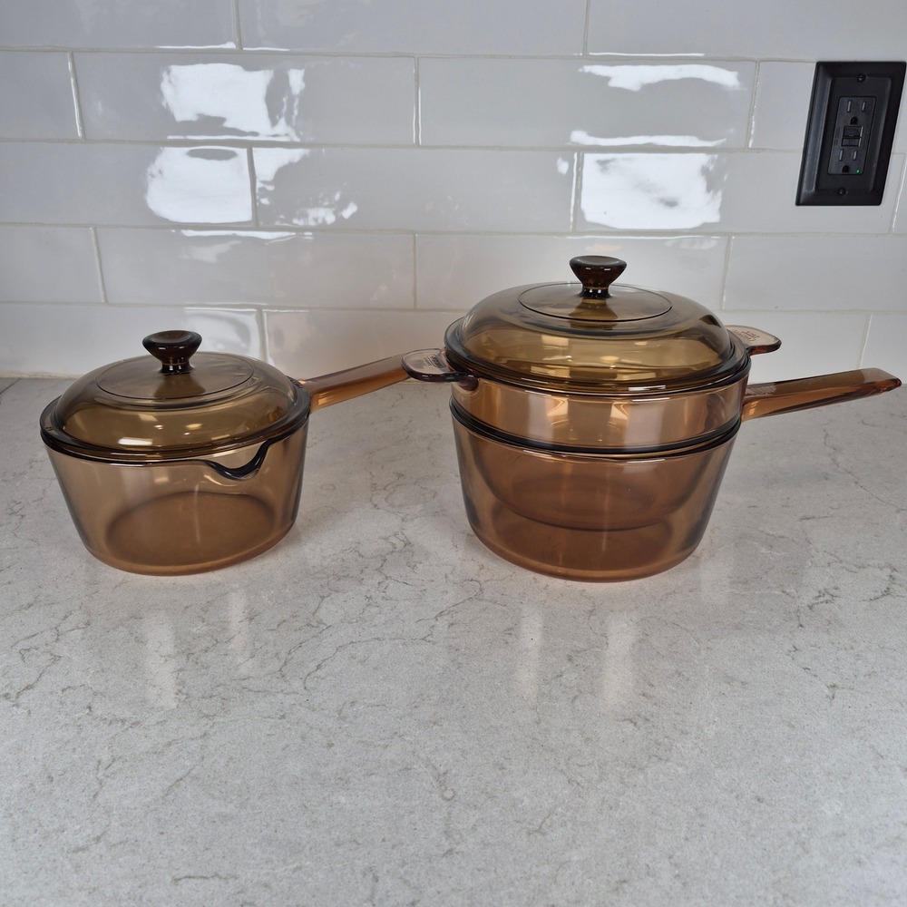 Corning Vision Saucepan Set Amber Glass 1L & 1.5L Double Boiler Brown Cookware